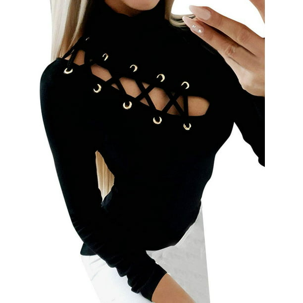 Womens Hollow Out Lace Long Sleeve T Shirts Ladies Casual Slim Fit Blouses Tops